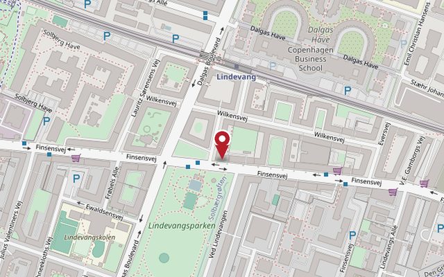Kort over Finsensvej 52, 2000 Frederiksberg, med en rød nål ved salonen tæt på Dalgas Boulevard og Lindevangsparken. Åbner Google Maps.